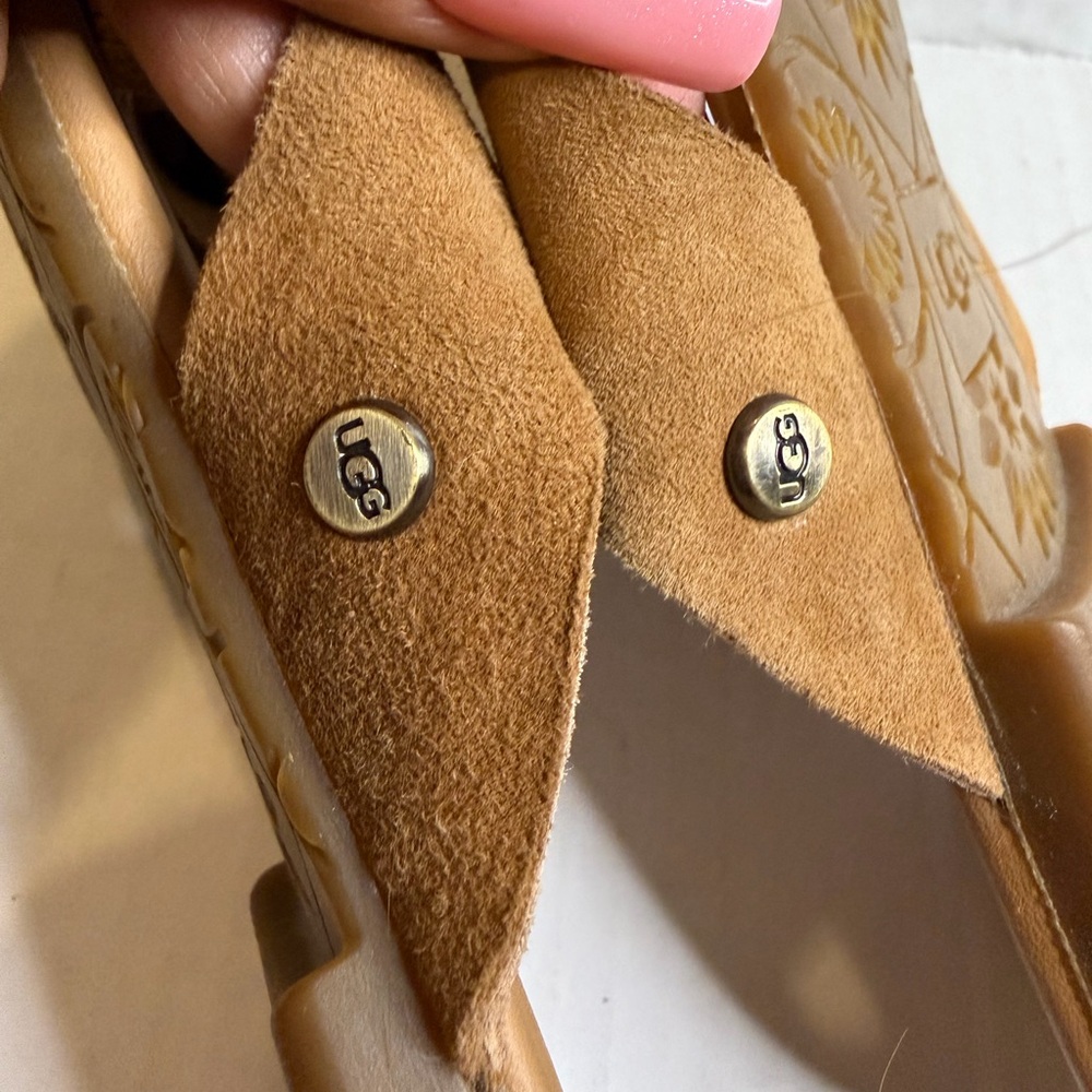 UGG Fonda Suede Slide Sandals Bow Thick Straps Chestnut 7.5 Brown - Picture 4 of 10